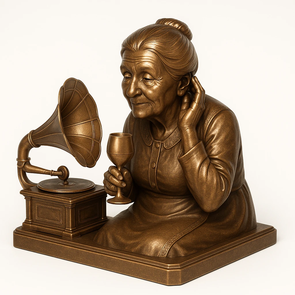 old lady with wineglass listening to gramophone emoji