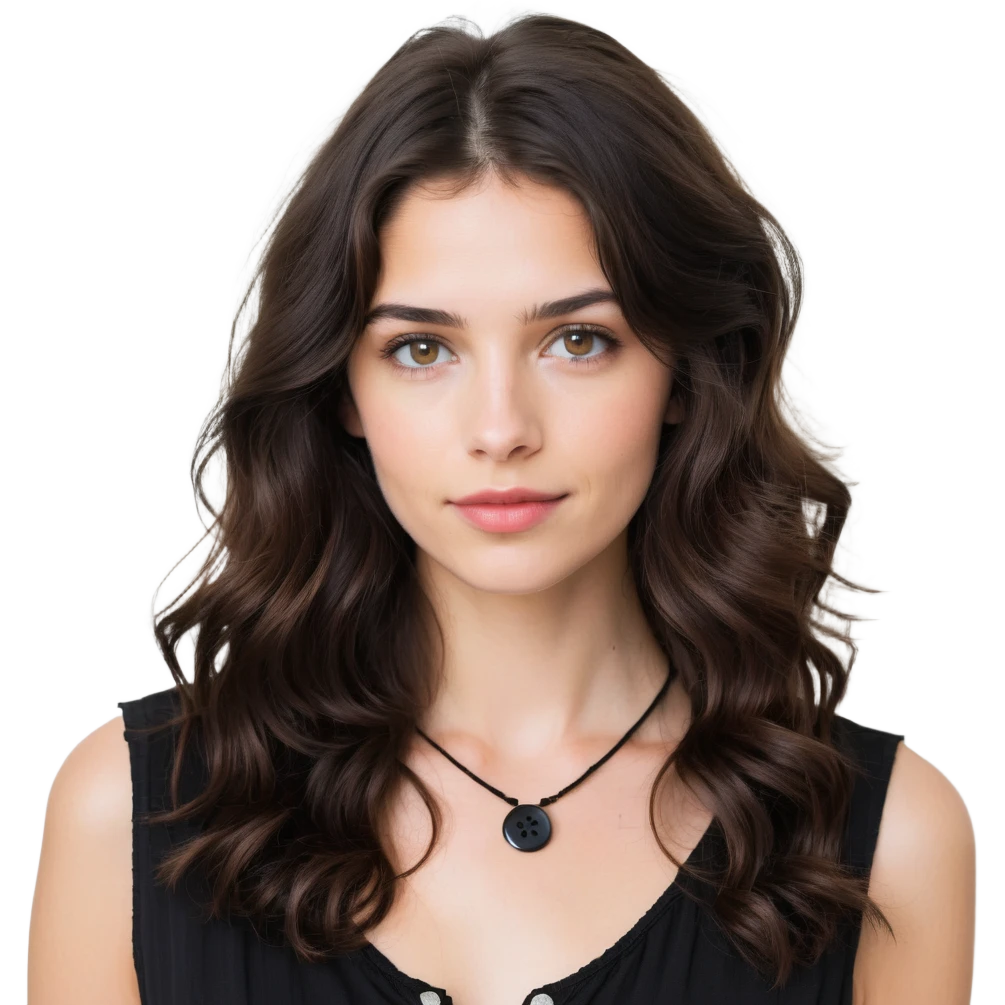 27 year old Caucasian woman with fair skin, brown eyes, long wavy dark brown hair, wearing a black top with a button emoji