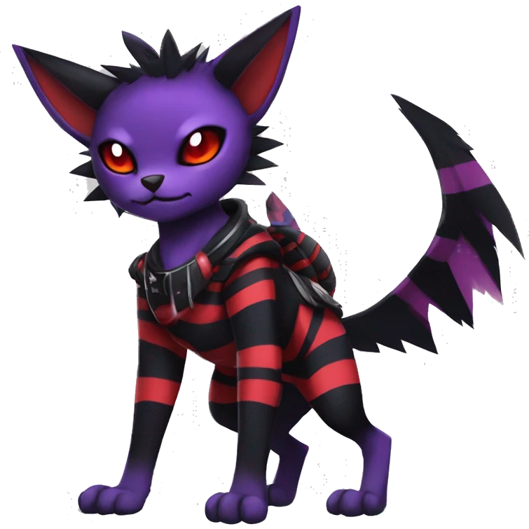Black-Red-Purple Anthro Cool Punk Noibat-Litten-Fakemon-fursona with fangs and stripes Full Body emoji