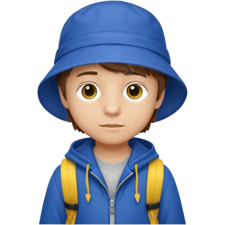 Little student, brown hair boy, wears blue bucket hat and jacket, yellow backpack, shy emoji
