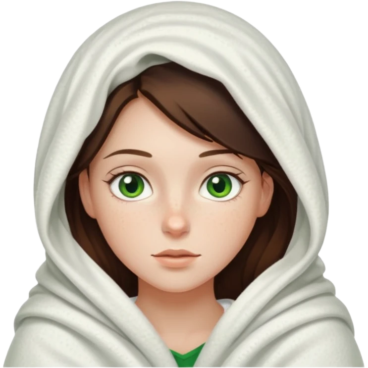 a white brunette girl with green eyes and freckles covered up in a blanket emoji