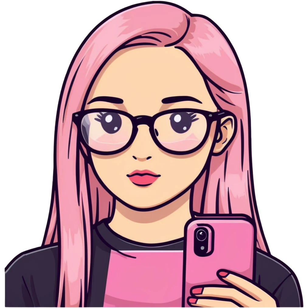 Teenage girl taking a selfie in a school bathroom. Long straight blonde hair with pink dye, rectangular glasses, black shirt, neutral expression with slightly glossy lips emoji