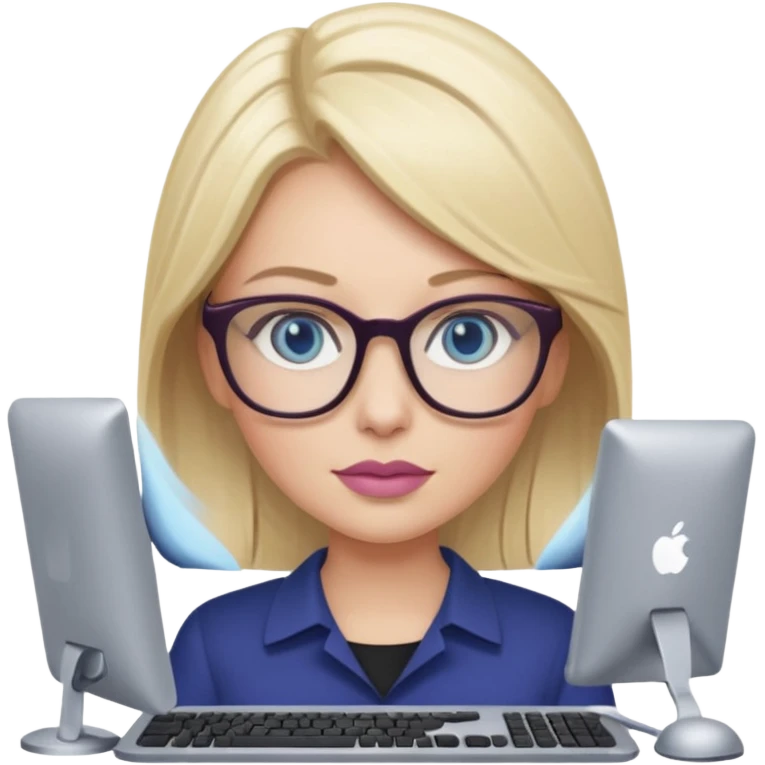 donna bella, occhi azzurri con occhiali, capelli medi, lisci e biondi, lavora usando lo schermo pc. Labbra color malva chiaro emoji