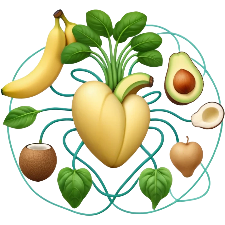 Banana, avocado, potato, spinach, coconut, white beans, and melon surrounding a glowing heart and nervous system network. Gentle electrical waves flow from the foods to the organs and muscles, illustrating how potassium maintains fluid balance and electrical stability throughout the body. emoji