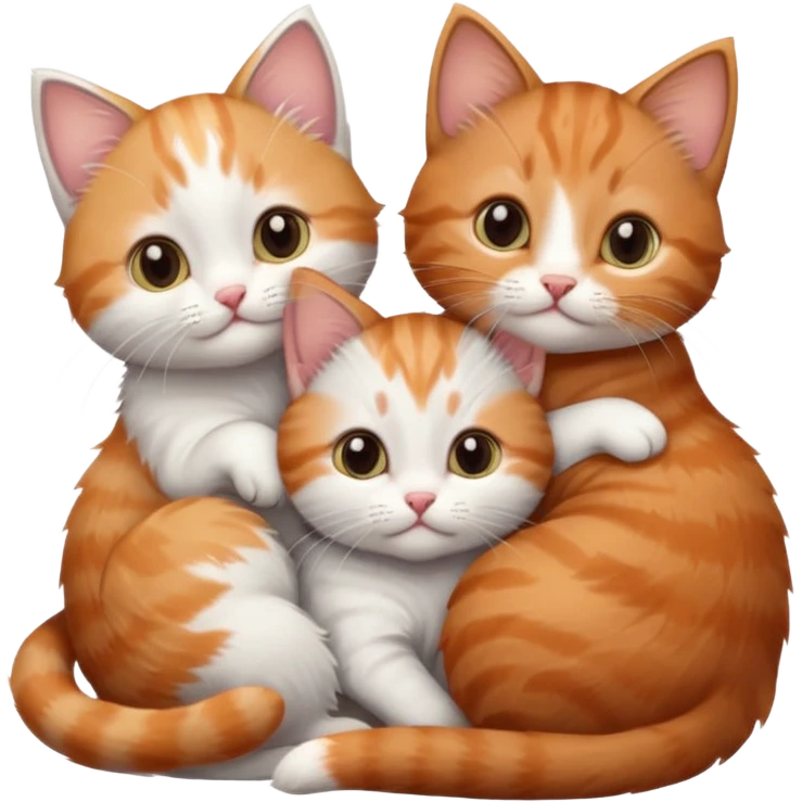 3 tiny kittens cuddling together all different colours, the first one is grey and white, the second is ginger and white and the third is brown tabby and white emoji