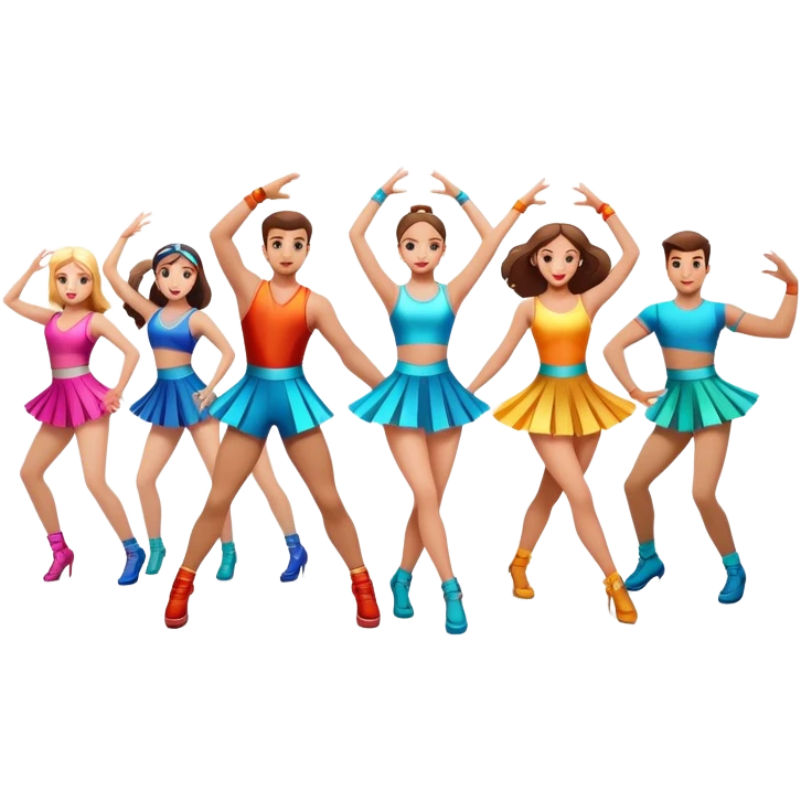 Icon for Contemporary Dance: a synchronized guys and girls group performance on stage with backup dancers in bright, modern outfits and dynamic lighting. The icon should capture the energy and coordination of a dance routine, with a focus on movement and stage presence. Transparent background. emoji