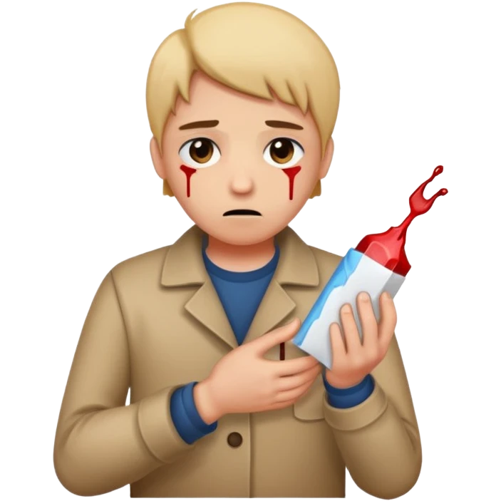 Generate a realistic emoji of a package being unpacked and the person is sad because they got hurt by the package emoji