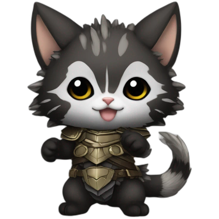 chibi monster hunter palico with all black fur on hind legs wearing armor and blepping emoji