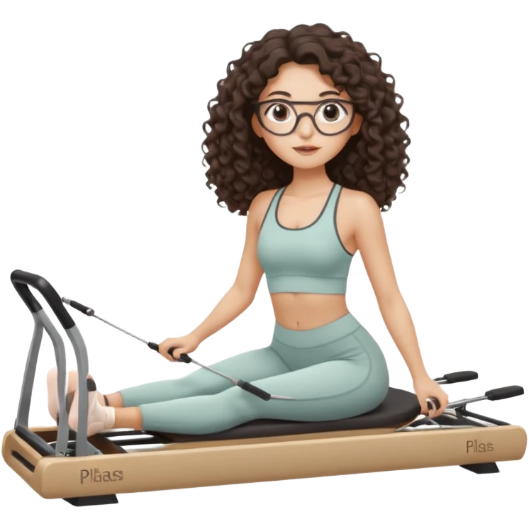 Memoji-style girl with long dark brown curly hair, round glasses, large brown eyes, soft rounded face,makeup, warm beige skin tone, wearing Pilates activewear performing Pilates and reformer Pilates exercises on a reformer machine, pastel color palette, smooth soft shading emoji