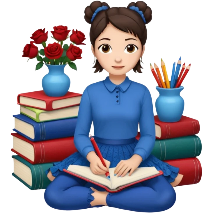 A woman with dark hair, straight and dark brown, styled in two buns, wears a blue long-sleeved shirt and a brown lace ruffled skirt. She holds a crayon in one hand. She sits on the floor with her legs crossed. The floor is covered with five stacks of colorful notebooks and a vase of red roses.  emoji