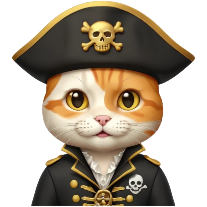 Premium 3D emoji icon of a cute ginger cat pirate, wearing a **pristine white** satin pirate hat with a gold skull icon, and a black and gold captain's jacket. Glossy finish, claymorphism style, soft studio lighting, isolated on white background, 8k resolution, stylized professional look --v 6.0 emoji