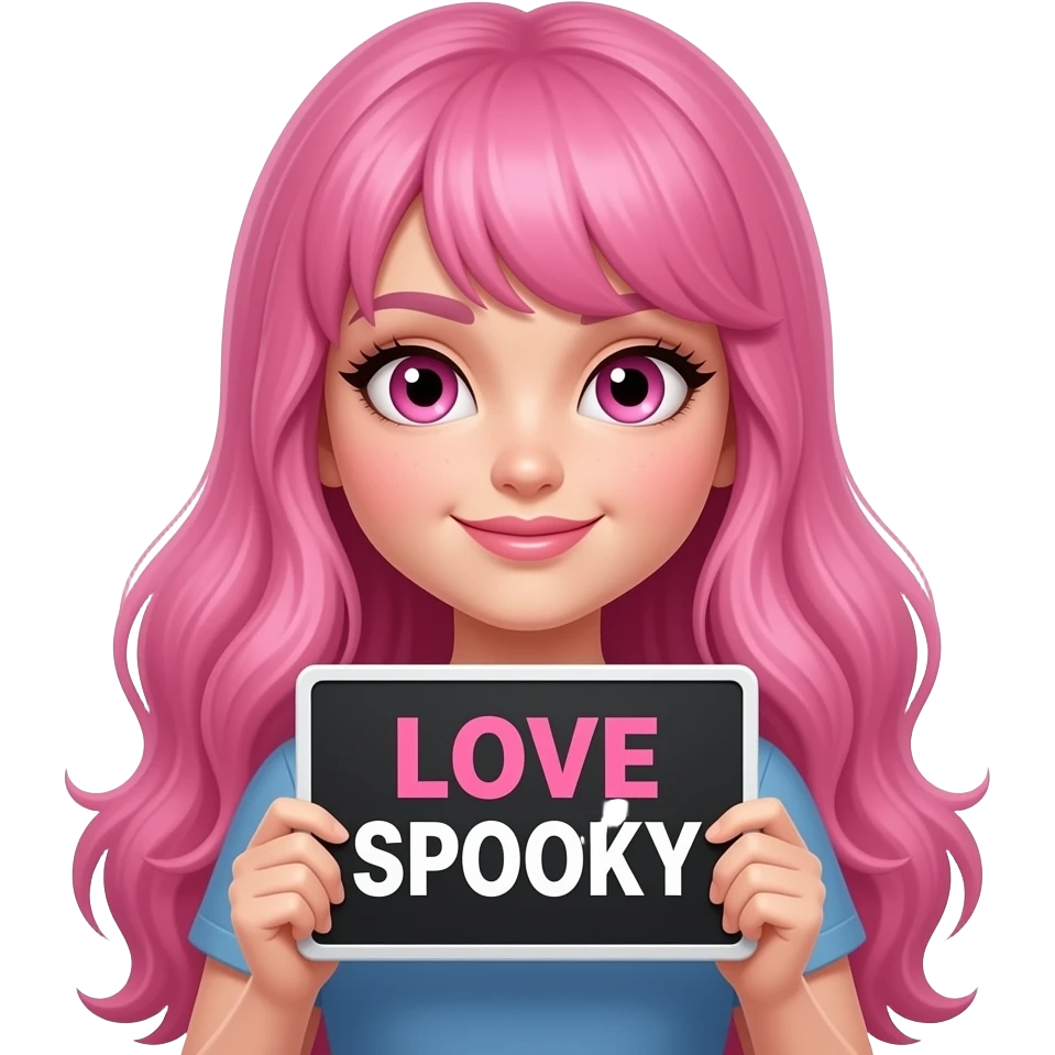 sexy girl with long pink hair and pink eyes wearing a holding a LOVE SPOOKY sign emoji