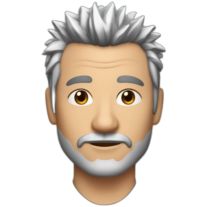 A 52 year-old man with black and silver spiky hair on top hair and silver very short beard emoji