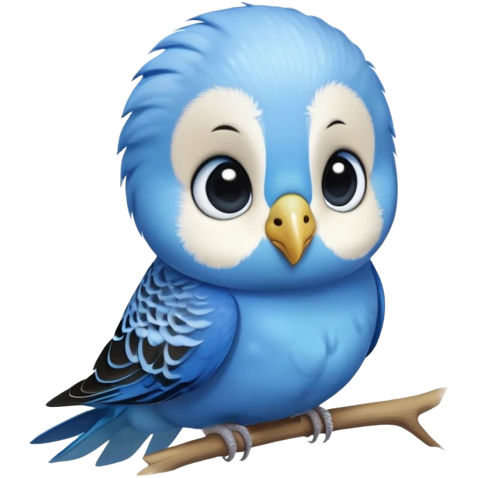 cinematic-cute-blue-budgie-portrait-emoji,-head-tilted-playfully-and-inquisitively,-featuring-a-brilliant-blue-feathered-fur-and white and black face-with-a-natural-sheen,-round,-sparkling-dark-eyes-filled-with-curiosity,-simplified-yet-irresistibly-adorable emoji