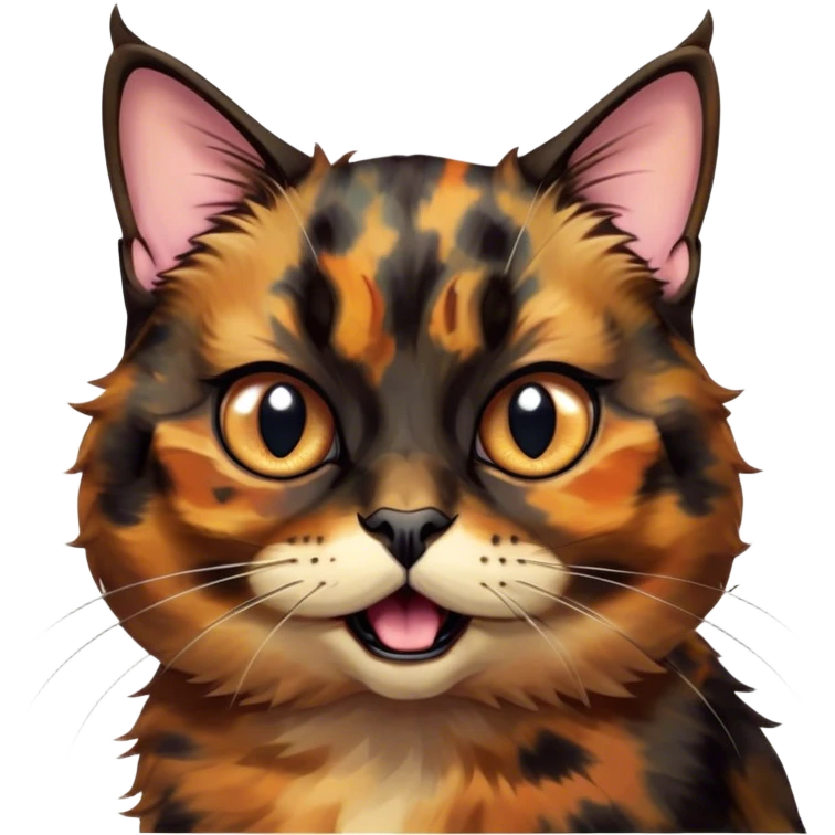 Cinematic Comical Tortoiseshell Cat Portrait Emoji, Head cocked dramatically with an over-the-top shocked expression, featuring a rich mottled fur of browns and blacks and wide, comically animated eyes full of playful disbelief, simplified yet hilariously detailed, glowing with a bold, sassy radiance, high shine, exuding a mischievous and spirited charm, styled with a soft glowing outline, capturing the essence of a tortoiseshell cat that appears ready to burst into comical antics! emoji