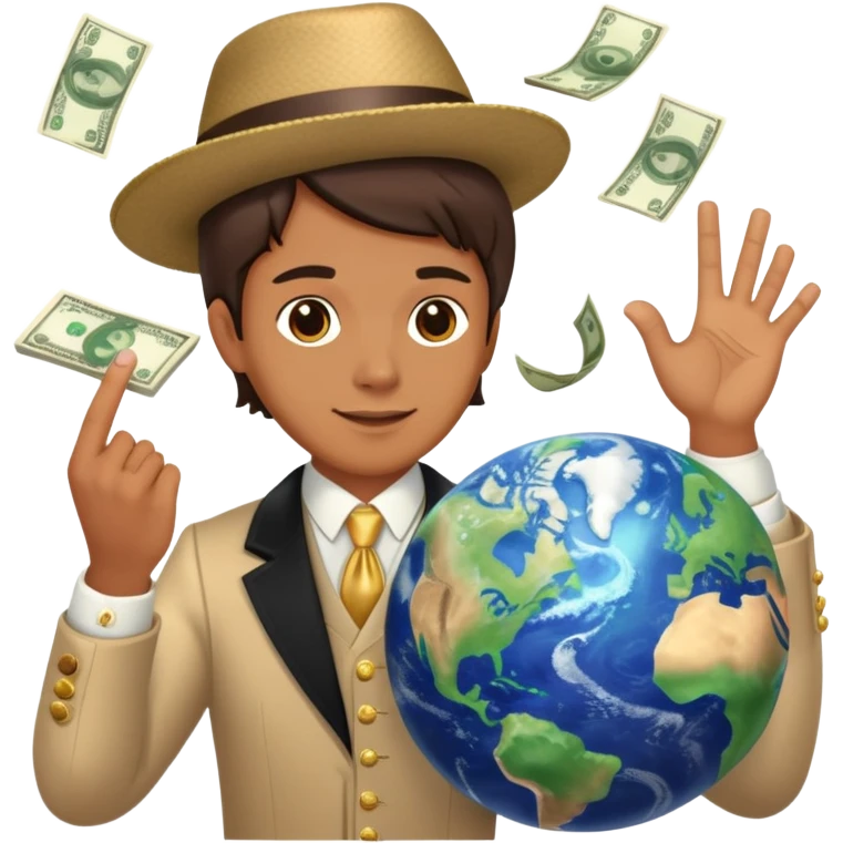 rich person spinning the earth on a finger, dressed in fancy clothes with money flying around emoji