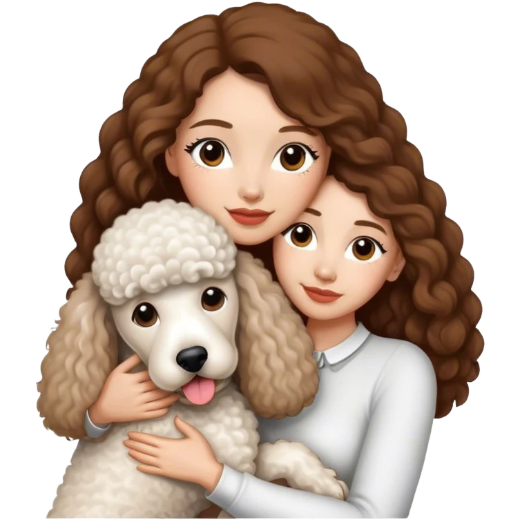 White standard poodle and long hair brown skin woman hug emoji