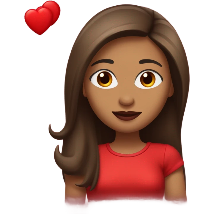 light brown lady, dark brown long straight hair, red lips, eyelashes, wearing red “happy Valentine’s Day” t shirt emoji