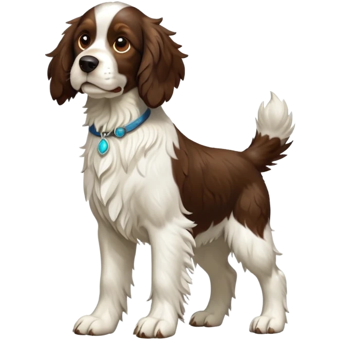 cinematic-[Springer Spaniel]-realistic-full-body-standing-emoji,-tail-resting-loosely-beside-its-paws,-head-tilted-dramatically, -scruffy-[brown and white]-fur,-simplified-yet-realistic-focused-features,-highly-detailed,-glowing-with-an-almost-sarcastic-glow emoji