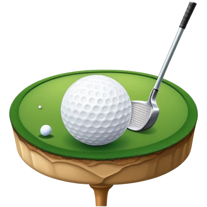 A close-up golf ball on a tee, with a golf club placed beside it, set on a well-manicured green. The background is a peaceful golf course with a clear blue sky, emphasizing the tranquility and skill required for the sport. emoji