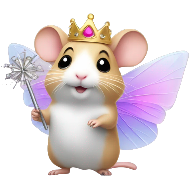 A hamster wearing fairy wings and a tutu holding a magic wand with a princess tiara  emoji
