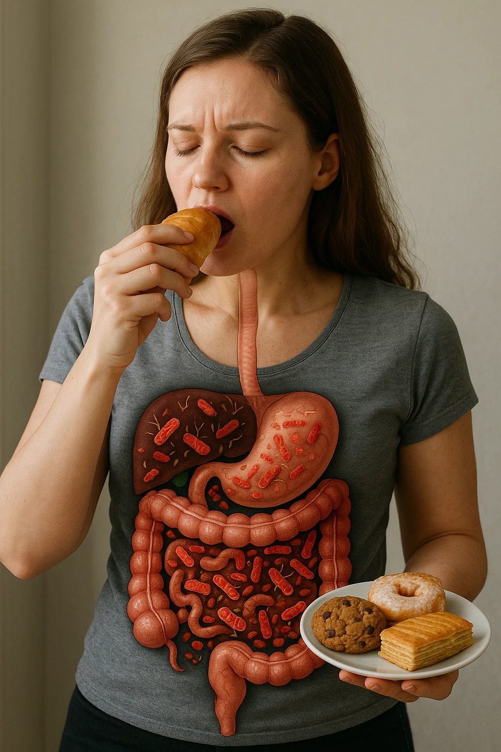 donna con batteri cattivi pieni nel suo intestino immagini realistiche mangia alimentazione ricca di glutine e zuccheri alimentando tutti i batteri cattivi emoji
