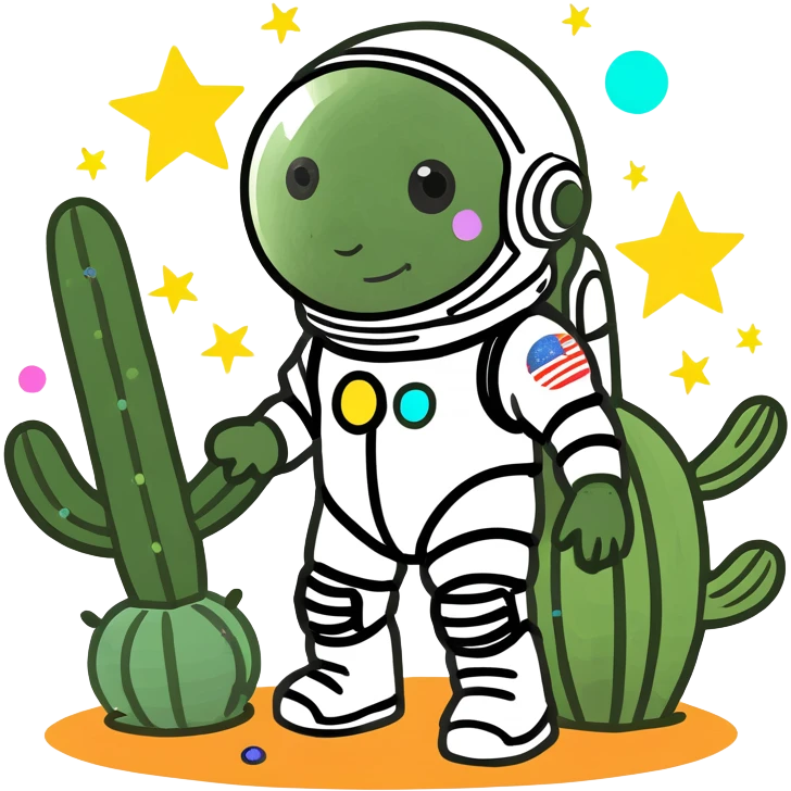 A spacesuit-wearing cactus blooming neon stars instead of flowers, with mini planets on its prickles emoji