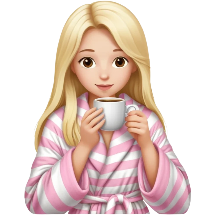 girl with long blonde hair sipping a coffee with light pink striped fluffy robe emoji