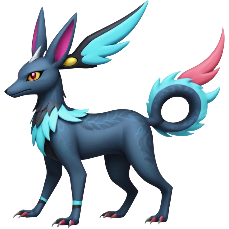 Colorful scaly flurry bioluminescent dark gloomy ghoulish spooky dull dusky translucent neon edgy cool dark edgy Latias-Sergal-Vernid-Anubis-Umbreon-Sylveon-Bastet-Fakémon-hybrid-fusion-creature, full body emoji