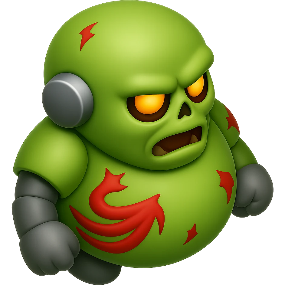 Create a top-down view of the right side of a fat zombie robot terminator character in the style of Apple emojis with a glossy, smooth finish and no background. The style should be shiny and polished like Apple emojis but with no background. emoji