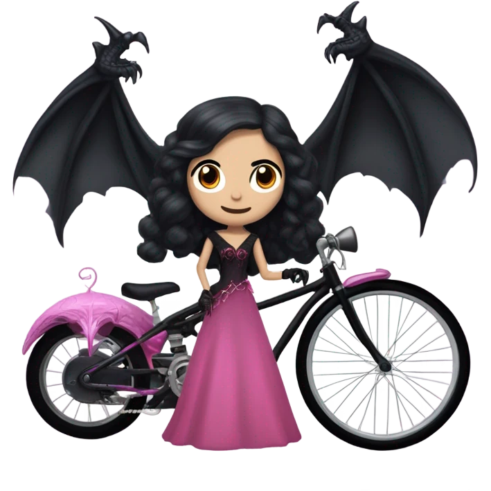  black evening gown with see-through gloves, Jenna Ortega as Addams woman prom queen wearing a mini tiara, very large blood  pink evil-looking horned old dragon bike emoji