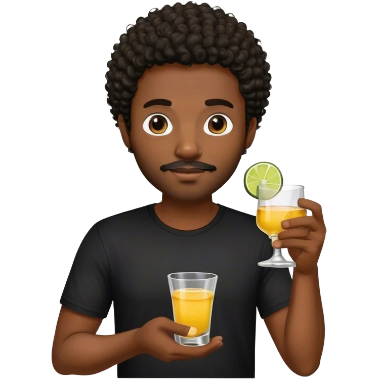 dark black guy, short curly hair, facial hair, holding tequila, black shirt  emoji