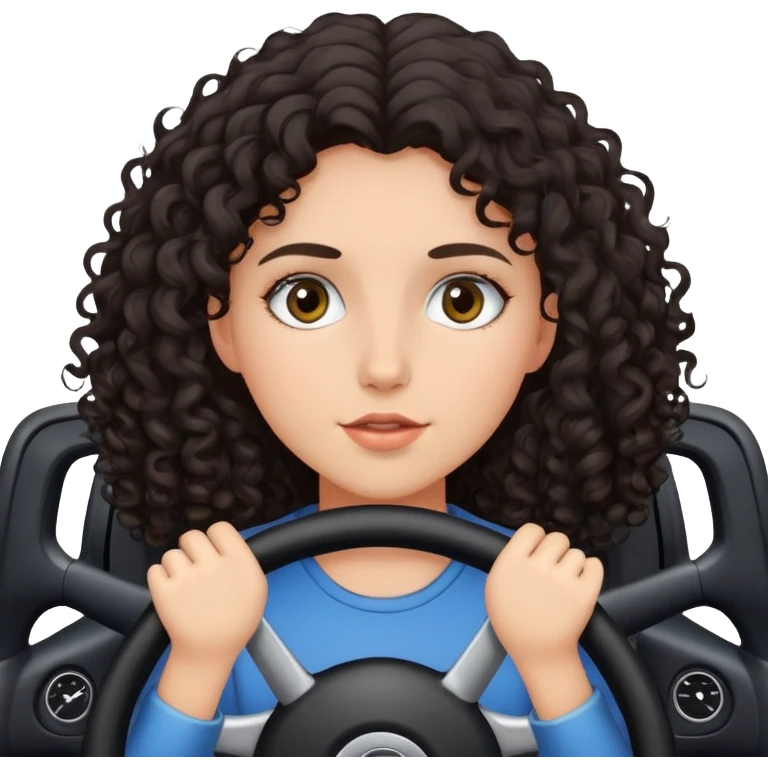 a girl with dark curly hair, her face is covered from below by the steering wheel emoji