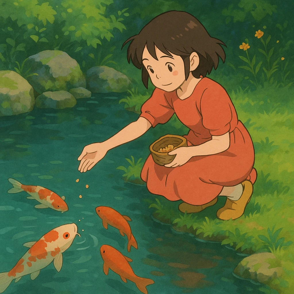 girl feeding koi fish in a pond emoji