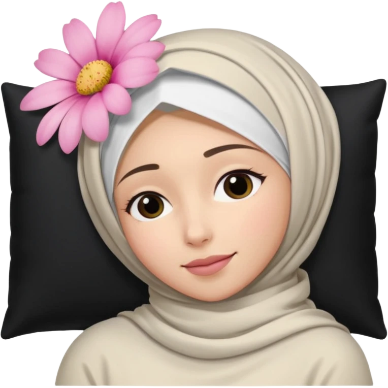 The image is a close-up selfie of a young woman wearing a white hijab. She is lying on her back with her head resting on a black pillow. She has a pink flower in her hair and is looking directly at the camera with a slight smile on her face emoji
