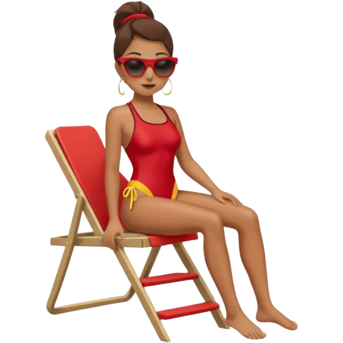 Female lifeguard – red swimsuit, sunglasses, sitting on tall lifeguard chair. emoji