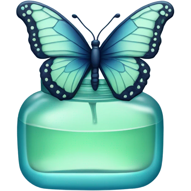  pastel green butterfly resting on an elegant blue perfume bottle with fork dark blue details. emoji