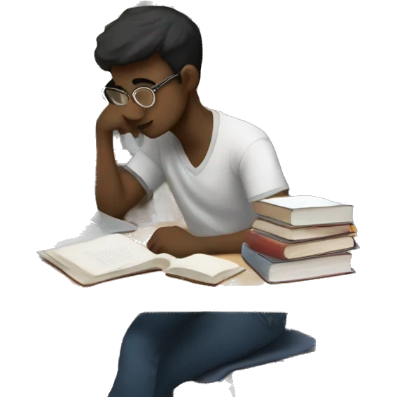 A tired student studies among books and a computer  emoji