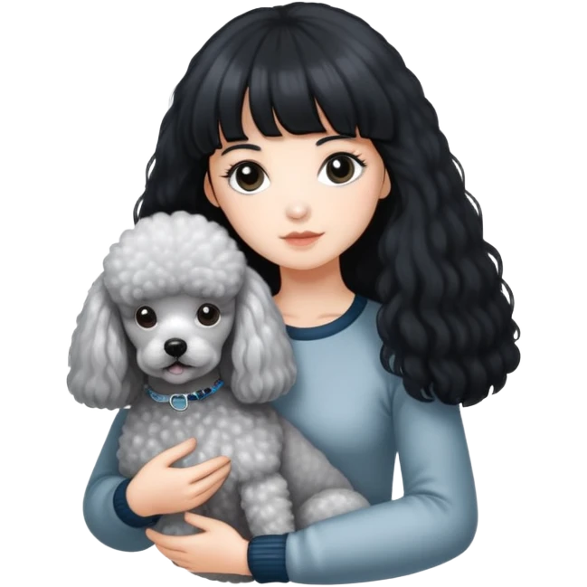 A girl with long black hair and airy bangs, fair skin, holding a silver-gray poodle with white fur on its chest. The poodle has a round head with its ears hidden within its fur. emoji