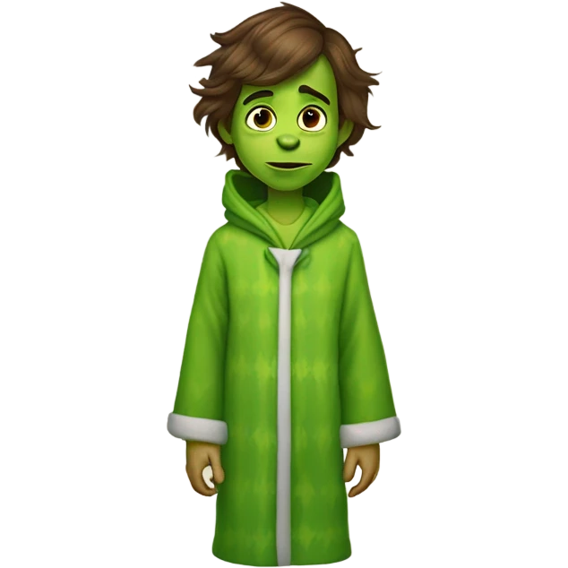 A little boy with brown hair, hazel eyes, skinny, wearing plaid pajama pants, a green hooded robe and grinch house shoes  emoji