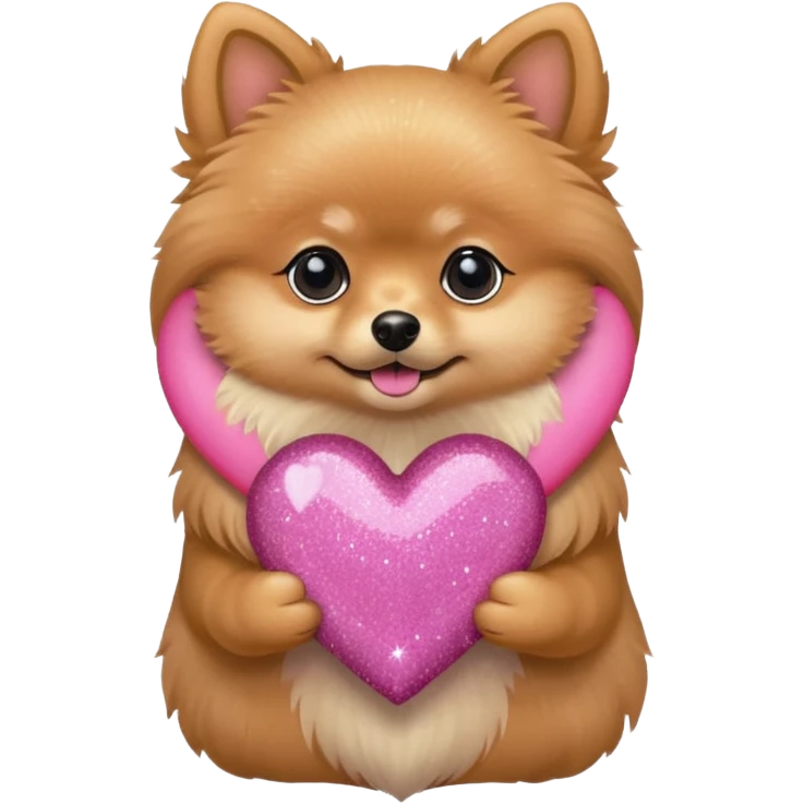 A Tan Pomeranian holding a pink glitter heart  emoji