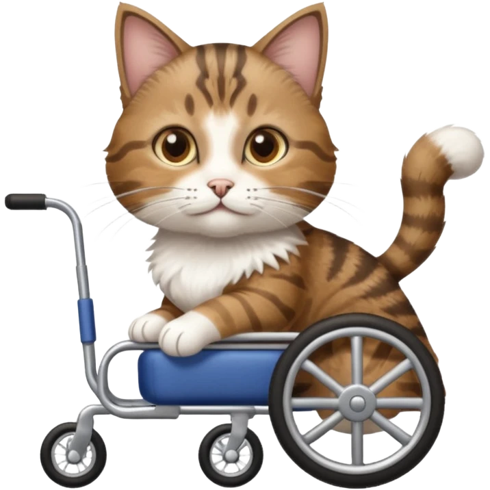 disabled brown tabby and white cat using cat wheelchair emoji