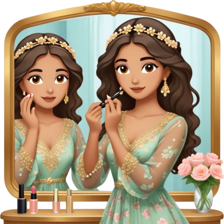  Middle Eastern-inspired moment of a woman getting ready in front of a mirror. She wears a delicate floral dress with sheer, flowy sleeves, accessorized with gold jewelry and traditional pearl-adorned hair clips. Her  as she applies mascara and eyeliner , her reflection revealing a soft smile.  emoji