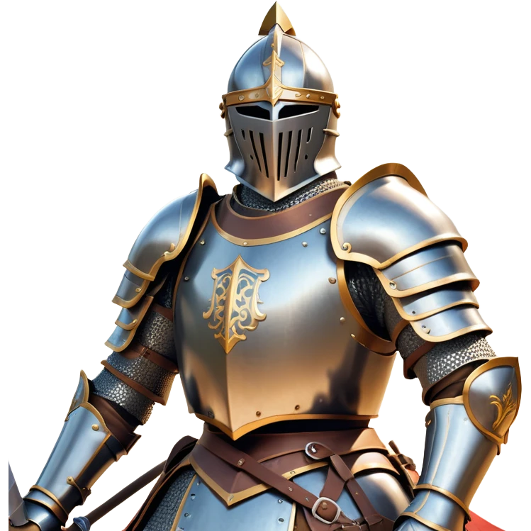 clash-of-clans-aesthetic_-cinematic-fearsome-and-majestic-knight-bust-portrait-emoji, rendered in a flat, vector-style with minimal shading and bold, simplified shapes, depicting a battle-ready medieval knight with steely eyes and intricate armor, mounted on a heavily armored warhorse with gleaming plated barding reflecting sunlight over a misty battlefield. emoji