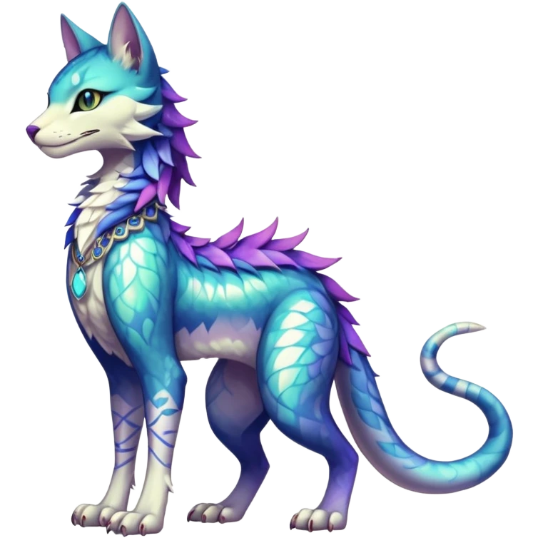 Kawaii iridescent beautiful pretty elegant divine edgy fantasy feline-vernid-sergal-Fakémon-fursona-animal-creature with accessories, full body, with intricate detailed markings emoji
