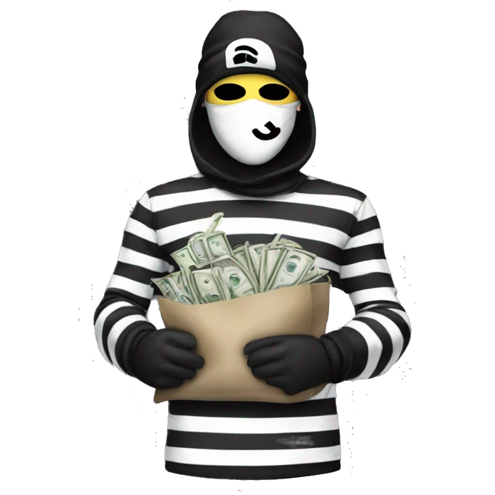 Robber, black and white striped shirt, black mask, money bag, beanie emoji
