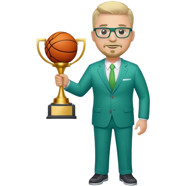 Full Body white male plus size wearing glasses with a goatee with light blonde and gray very short hair happy basketball head Coach in blue and green suit holding trophy emoji
