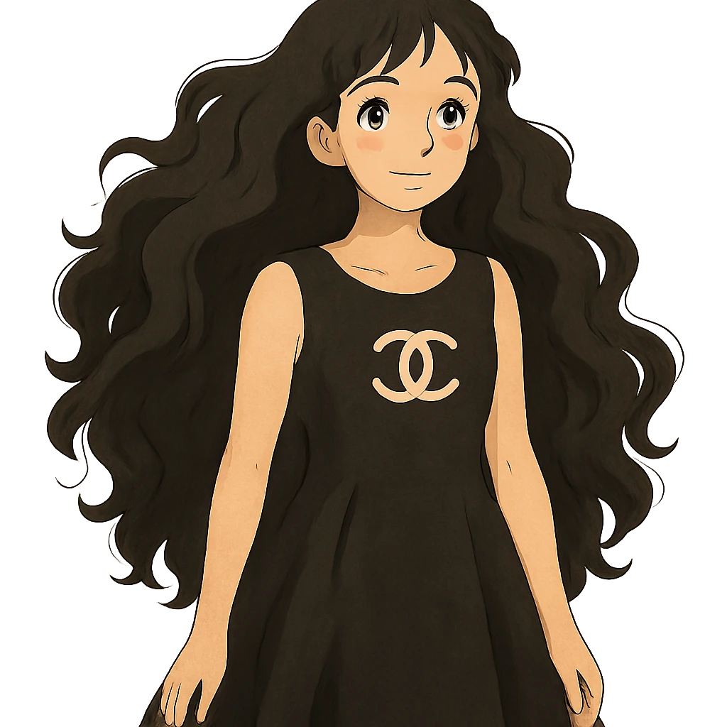 light skin girl with very long black curly hair, brown eyes, black Chanel dress emoji