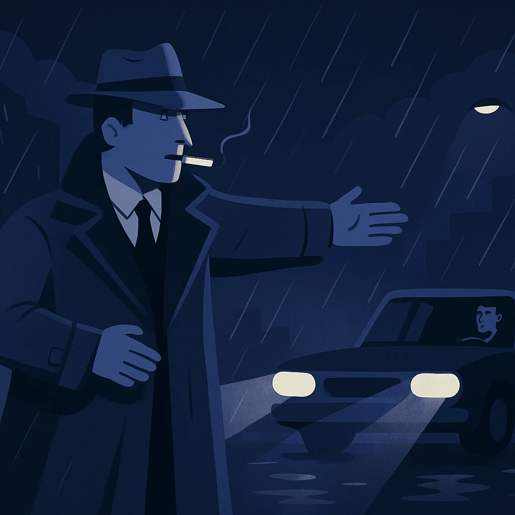 mafia man in trench coat directing car during rainy night emoji