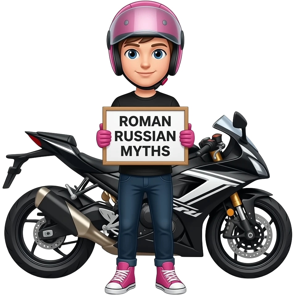 a young man with black clothes wearing pink sneaker and pink gloves, he also wears a pink helmet with an  unvisible vision, he stands in front of a black white motorcycle and is holding a ROMAN RUSSIAN MYTHS sign emoji